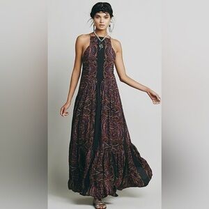 Free People Fragile Hearts Maxi Dress
Black Maroon Paisley 
Size XS